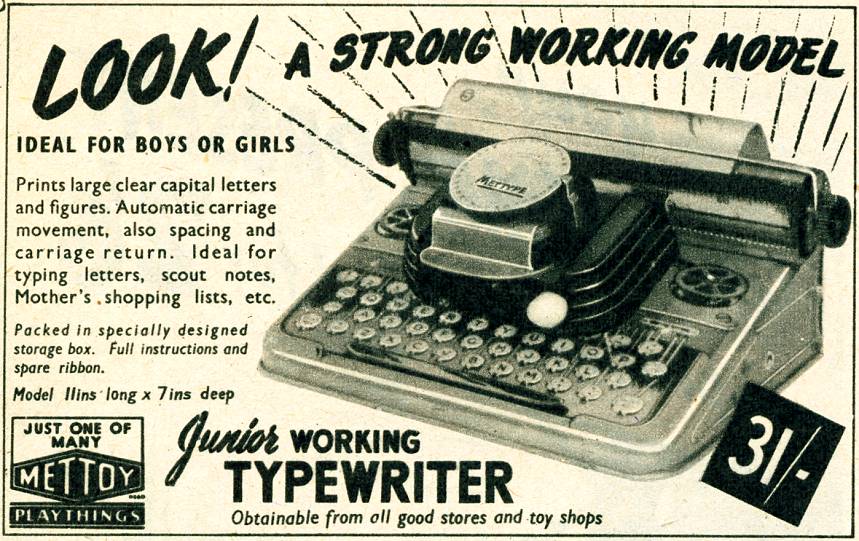 Advert for Junior working Typewriter. 'Look a strong working model. Ideal for boys or girls.'