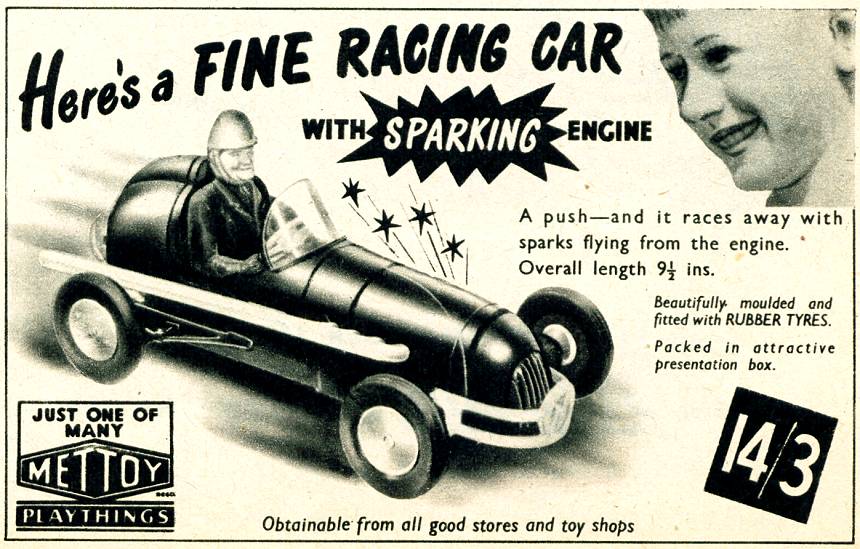 Advert for 1953 racing car: 'Here's a fine racing car with a sparking engine.'